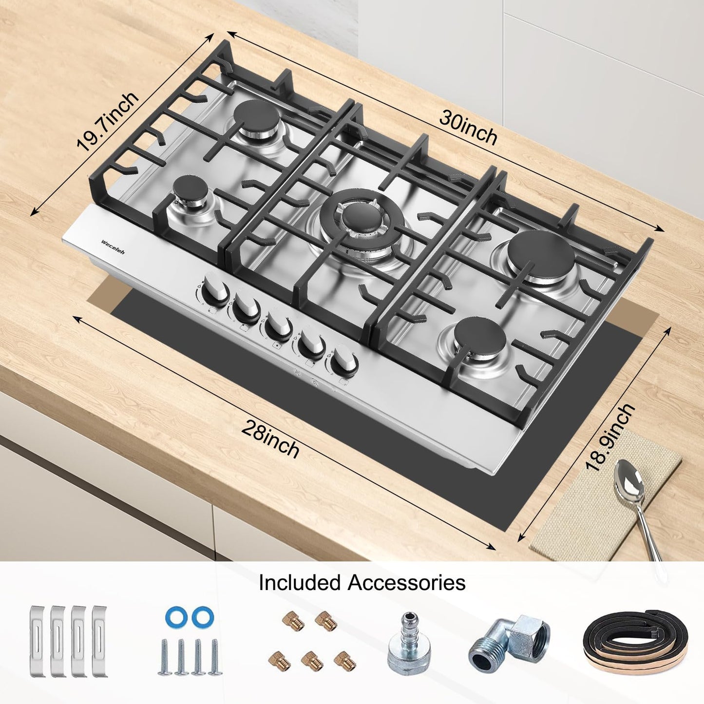 30 Inch Built in Gas Cooktop, 5 Sealed Burners Gas Stove Top, NG/LPG Convertible Propane Cooktop, Auto Ignition, Stainless Steel Surface, Cast Iron Grates, Thermocouple Protection, ETL