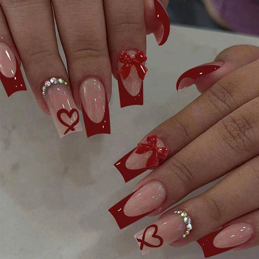 Red Press on Nails Heart Fake Nails Medium Square Nail Press ons with French Tip Design Bow Glue on Nail Glossy Full Cover Artificial Acrylic Manicure for Women Girls 24Pcs