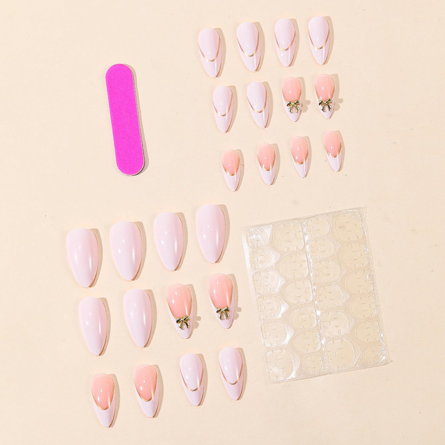 24Pcs Press on Nails Medium Almond Fake Nails,White & Nude Pink French Tip with Gold Lines & 3D Gold Bows Glossy False Nails with Elegant Bow Charms Acrylic Nails Full Cover Stick on Nails for Women