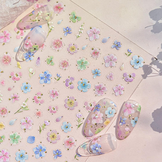 Phuryllic 3D Nail Stickers for Nail Art, Embossed Self-Adhesive Cute Nail Charms & Decals for DIY Nails, Easy-to-Apply Nail Design Supplies & Accessories for Home Manicure-Pink&Blue Flower