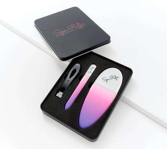 Spa-Rific 3pc Nano File and Ultra Wide Jaw Nail Clipper Set: Glass Nail Files with Large Nail Clipper and Metal Case Kit - Crystal Fingernail Manicure and Pedicure Tools - Pink Purple Ombre