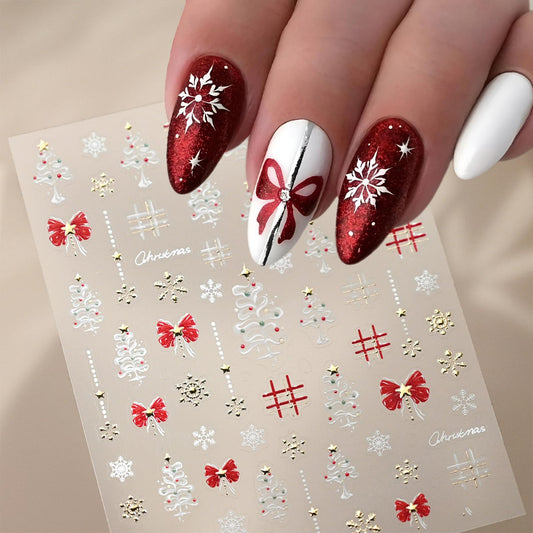 Christmas Nail Art Stickers– 3D Winter Holiday Red Bow, Snowflakes, Christmas Tree Designs – Self-Adhesive Decals for DIY Christmas Nails Manicure Decorations(1 Sheet)