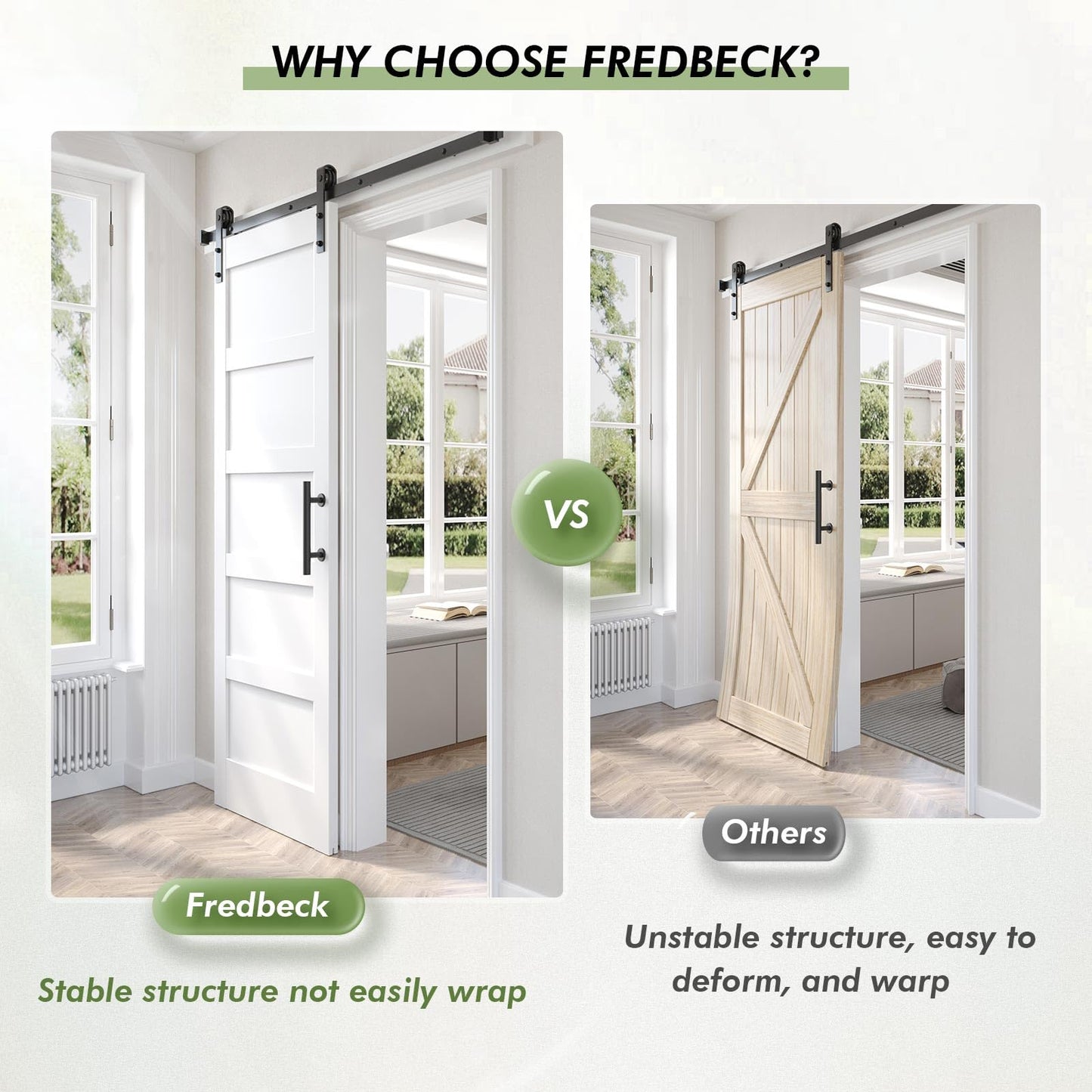 Fredbeck 48x96 inch White Barn Door with 8FT Sliding Door Hardware Kit Included & Handle,MDF,Solid PVC Surface,DIY Assembly,5-Panel