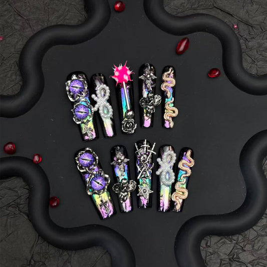 Handmade Press on Nails Short False Nails with 3D Dark Design Gothic Luxury Style Size S