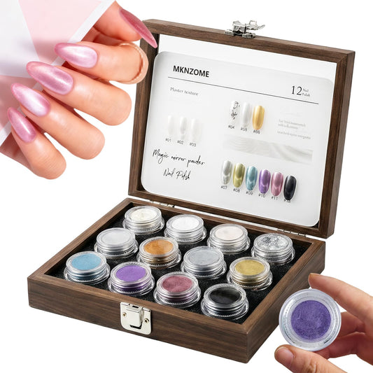 MKNZOME 12 Colors Chrome Nail Powder, Iridescent Aurora Metallic Mirror Effect Holographic Pigment Glitter Gold Silver for Home Nail Art Decoration DIY Salon Manicure, Gift for Women