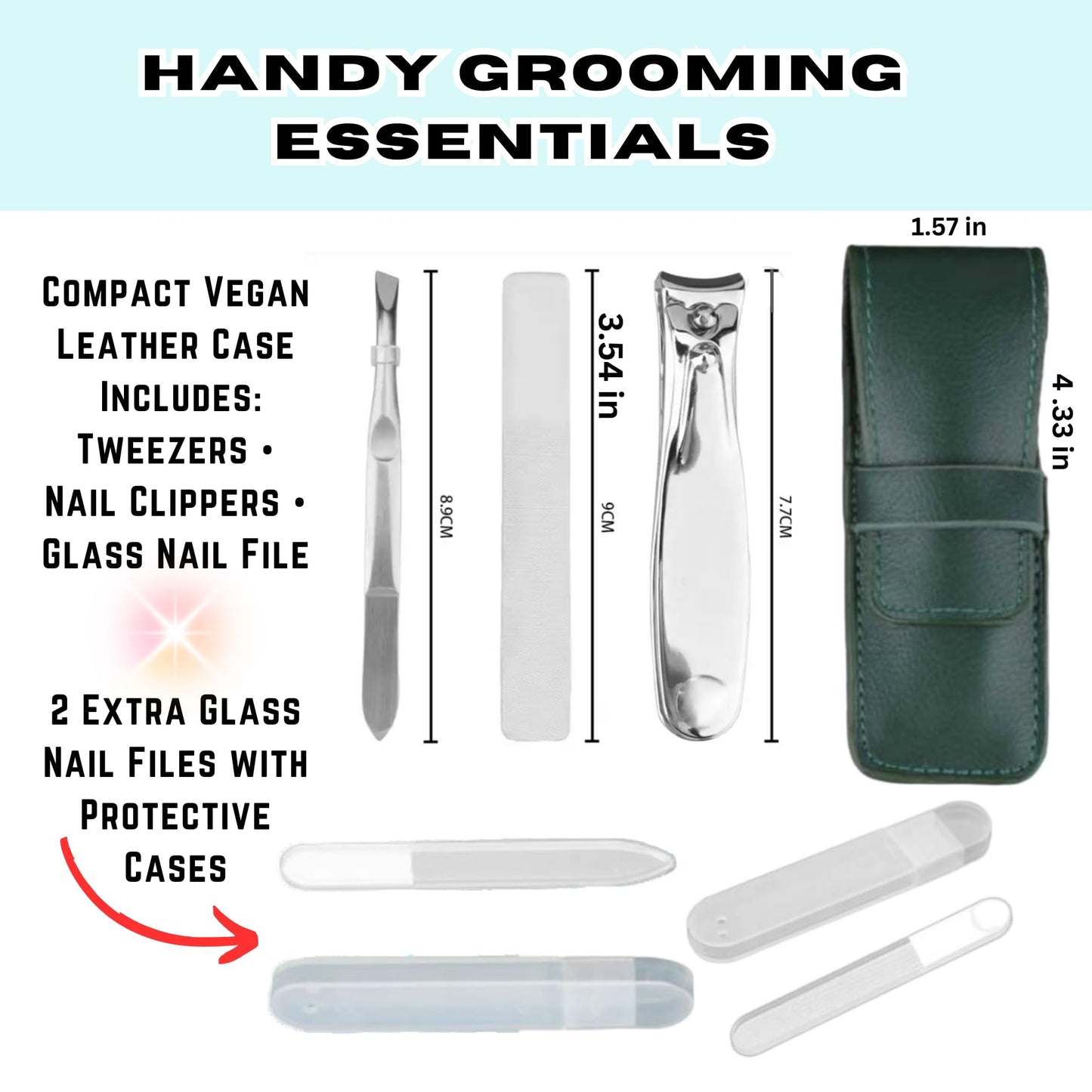 All-in-One Glass Nail File Kit with Case – Compact Vegan Leather Manicure Set with Tweezers, Clippers, Buffer & Cuticle Pusher + 2 Bonus Glass Nail Files in Cases – Travel Gift for Women & Men