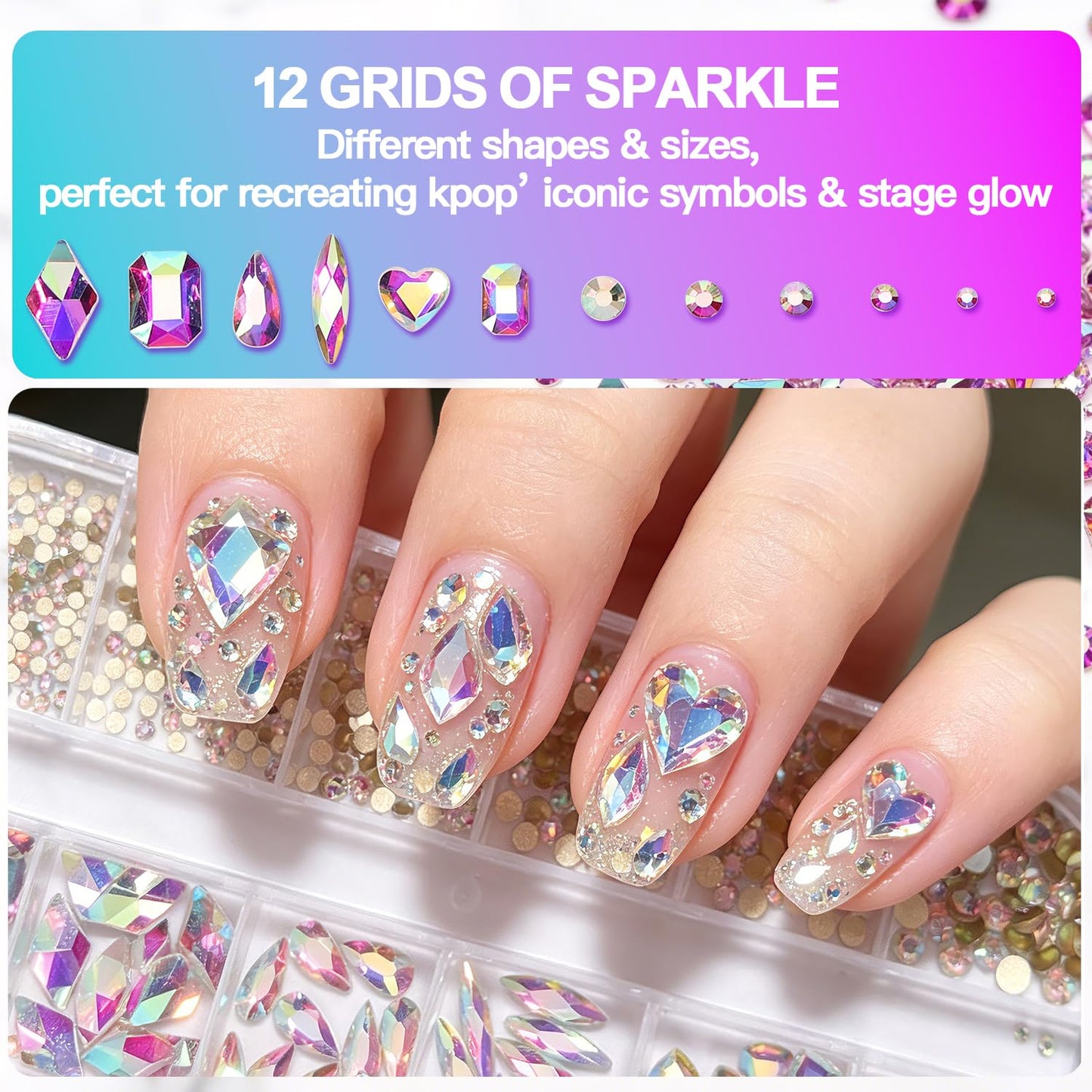 AICase Nail Rhinestones for Bedazzling,Bedazzler kit with Rhinestones Kpop Bedazzling Kit 3D Y2K Demon Hunters Charms 12 Boxes for Nails Gems Pink Gold Colorful Multi Shape Pearls Jewels for Crafts