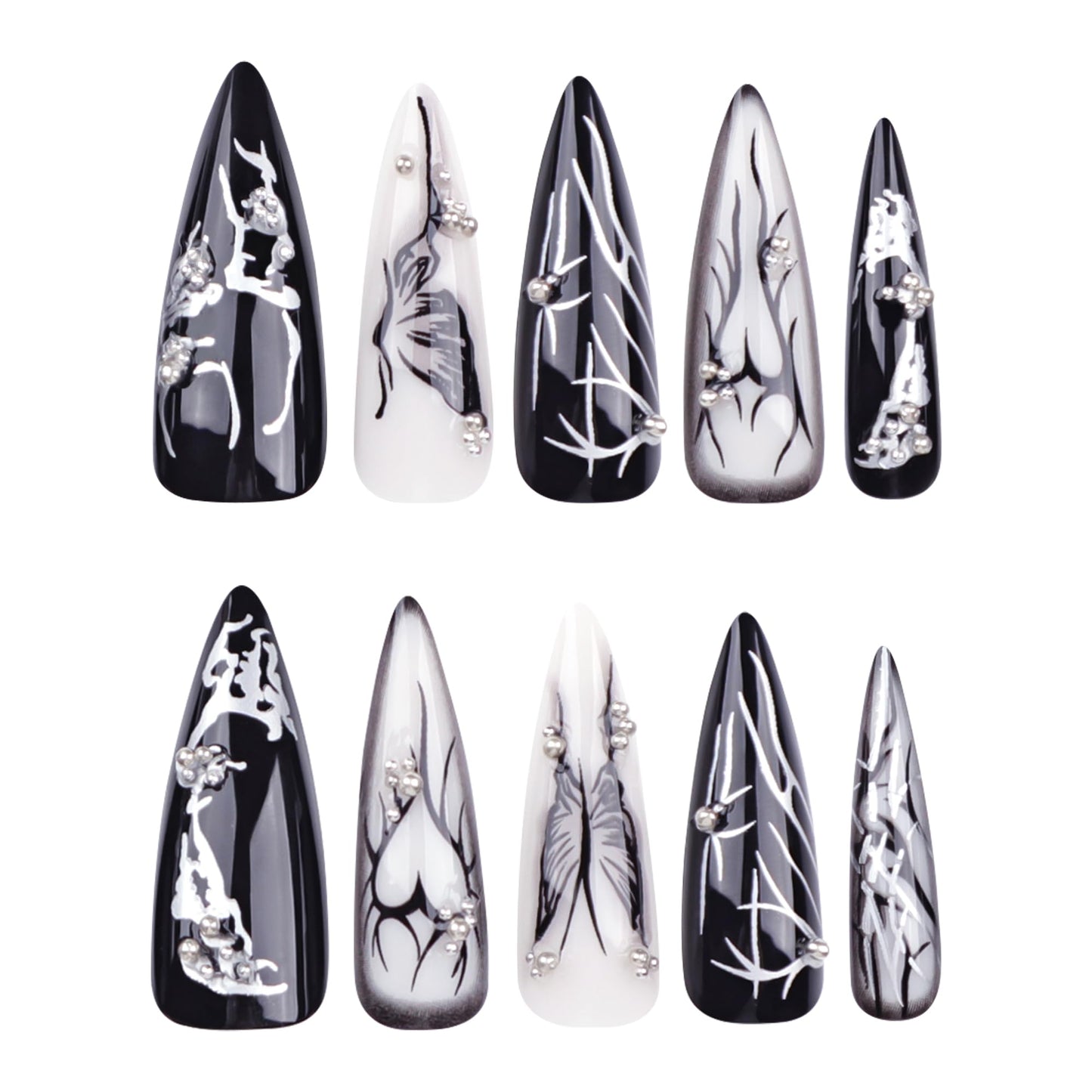 LTXHZYYL Black Press on Nails, 24 Pcs Long Black Almond Nails with Gothic Butterfly & Heart Design【Upgraded 】Reusable Full Cover False Nails Kit with Nail Glue (Dark Fantasy)