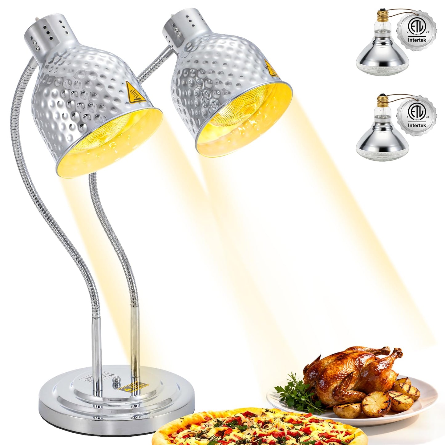 Hiteemer Food Heat Lamp - 500W Commercial Food Warmer Lamp 2-Head Portable Electric Heating Lamps Catering Warming Light for Buffet Parties Restaurant Kitchen, Silver