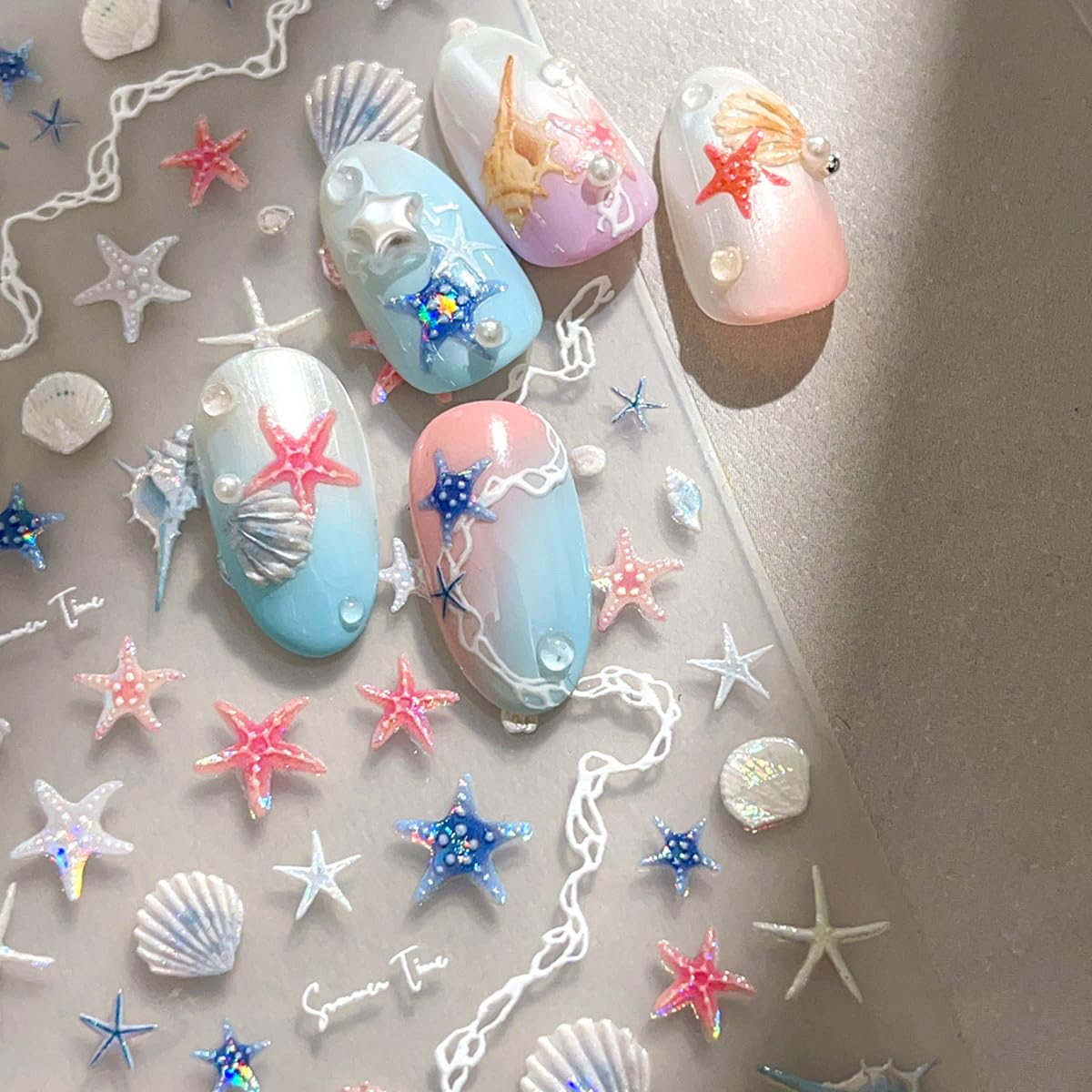 5D White Embossed Nail Stickers Beach Shell Nail Art Stickers Summer Nail Decals Self-Adhesive Star Sea Waves Starfish Designs Nail Art Decals Acrylic Nails DIY Supplies for Women Girls Manicure