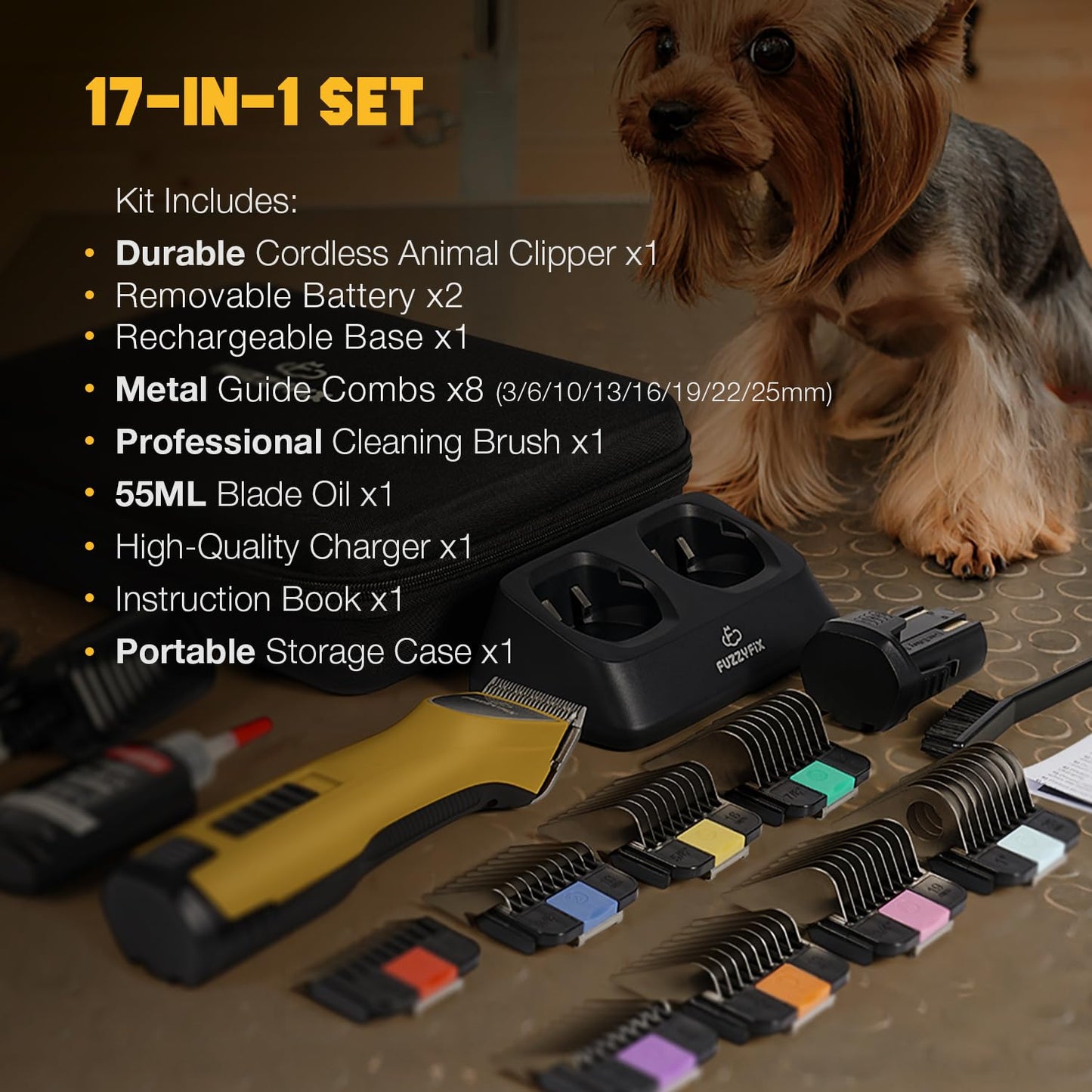 FuzzyFix Professional Dog Clippers for Grooming with Charging Replacement, Low Noise Pet Grooming Kit for Thick Curly Matted Heavy Coats Cordless Hair Trimmer with 8 Metal Guide Combs for Animal Horse