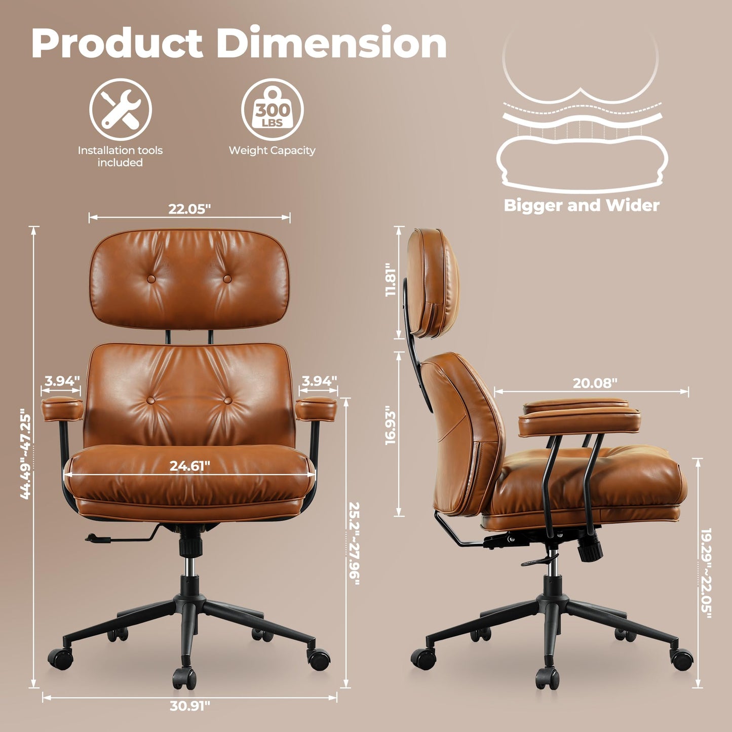 ovios Ergonomic Office Chair, Mid-Century Modern Faux Leather Executive Chairs with Thick Cushion, Comfy High Back Swivel Rolling Computer Armchair (Brown, PU Leather)