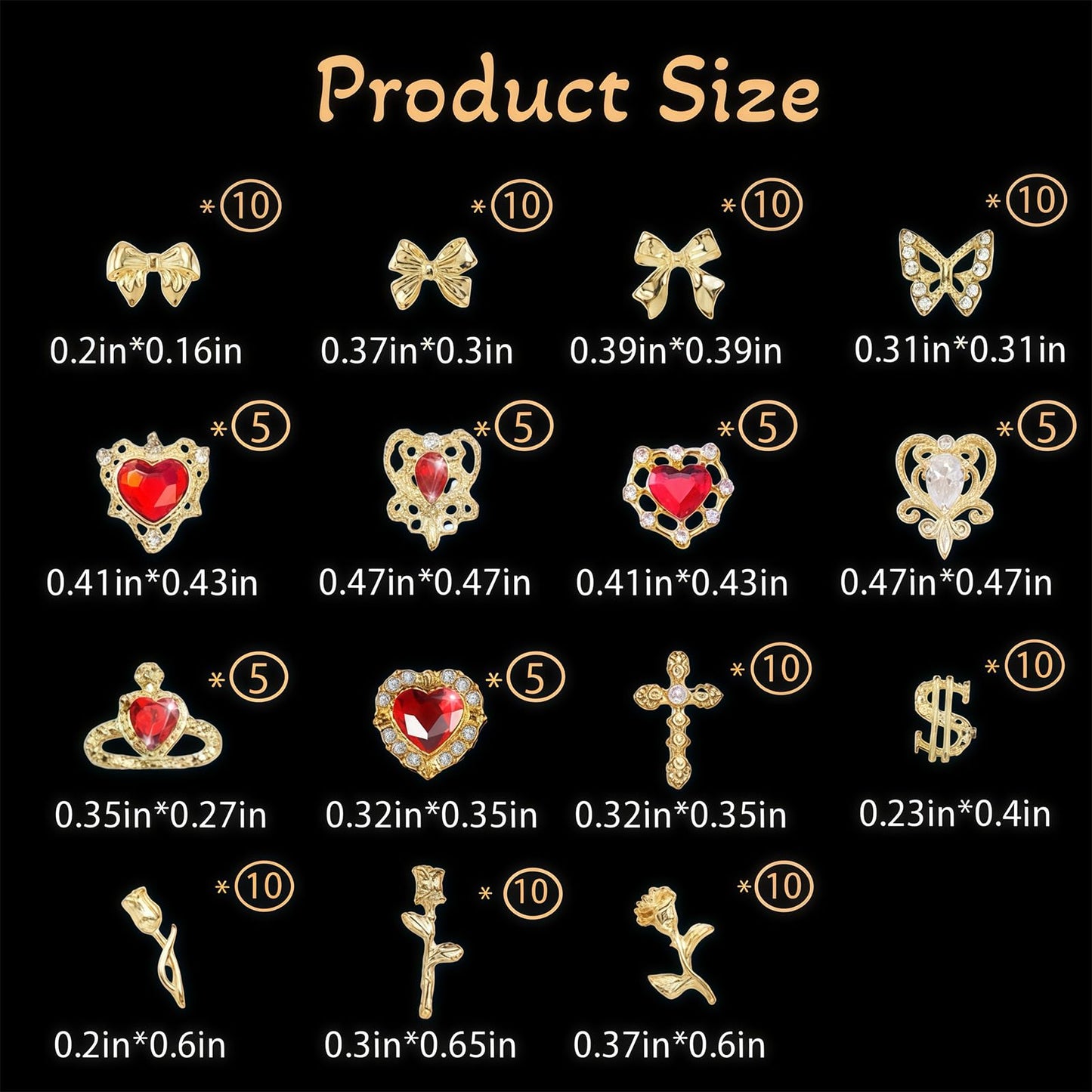 Pizadix 120 Pcs Gold Nail Charms Bulk with Hearts, Bows, Butterflies, Crosses, Roses for Nail Art Decoration Women