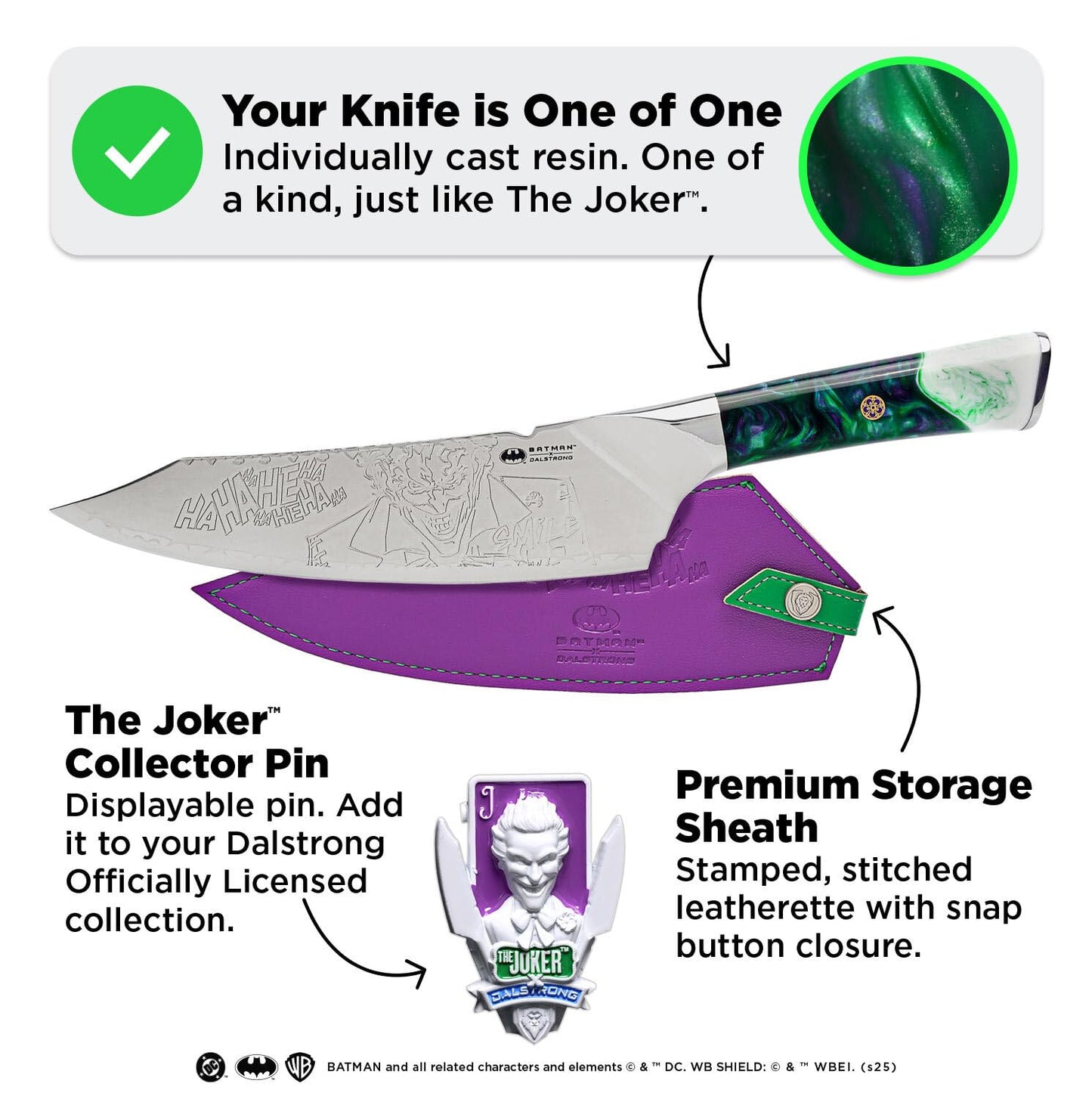 Dalstrong Professional Chef Knife - 8" - THE JOKER Edition Official License - 5 Layer 9CR18MOV Stainless Steel - Resin Handle - Knife Guard