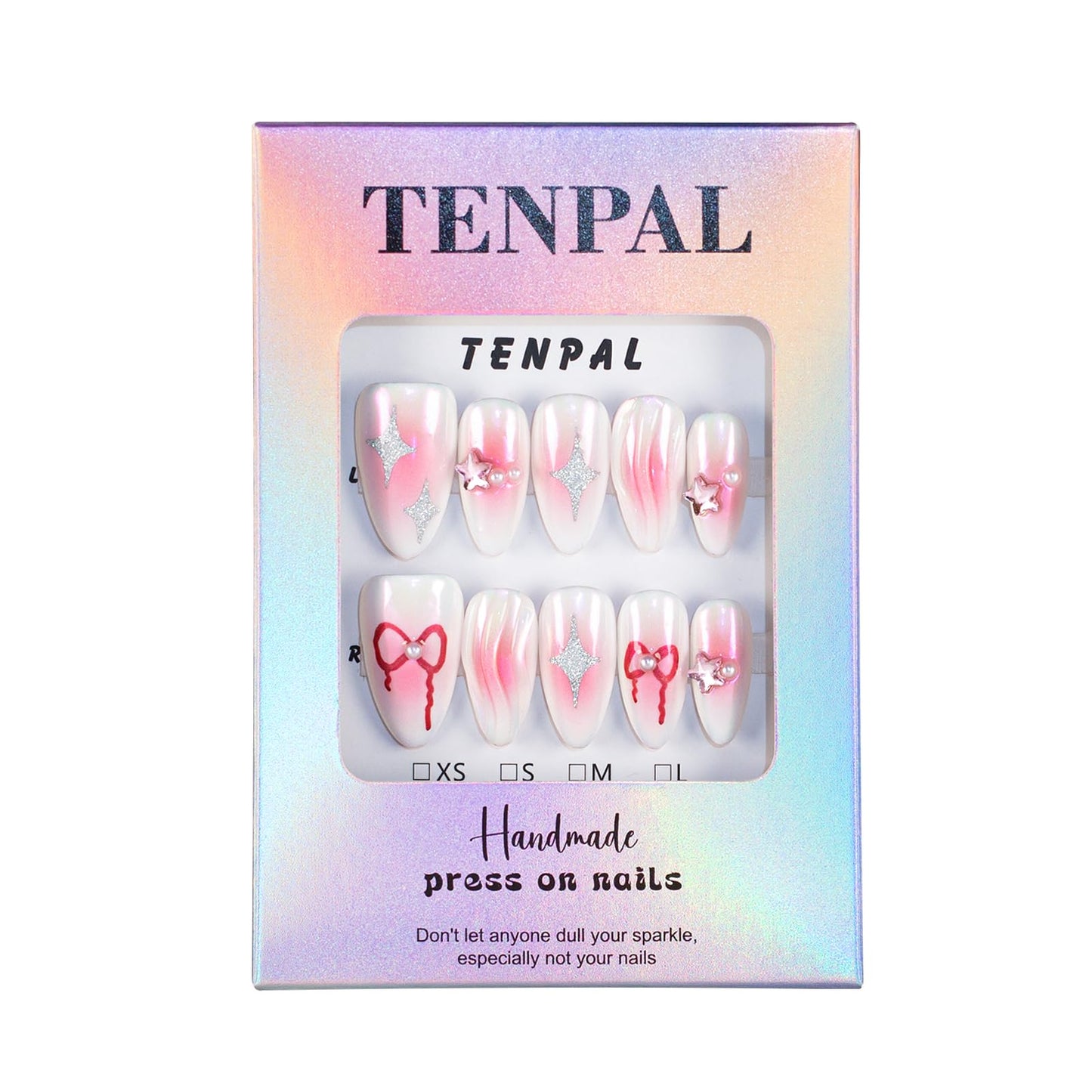 TENPAL Handmade Aurora Pink Press On Nails Medium Almond-Acrylic Glossy Y2k Sweet Cool Soft Gel Fake Nails For Women Girls,Reusable Star Bow Pattern Glue On Nails With Charms 10pcs/Box Kits (XS)