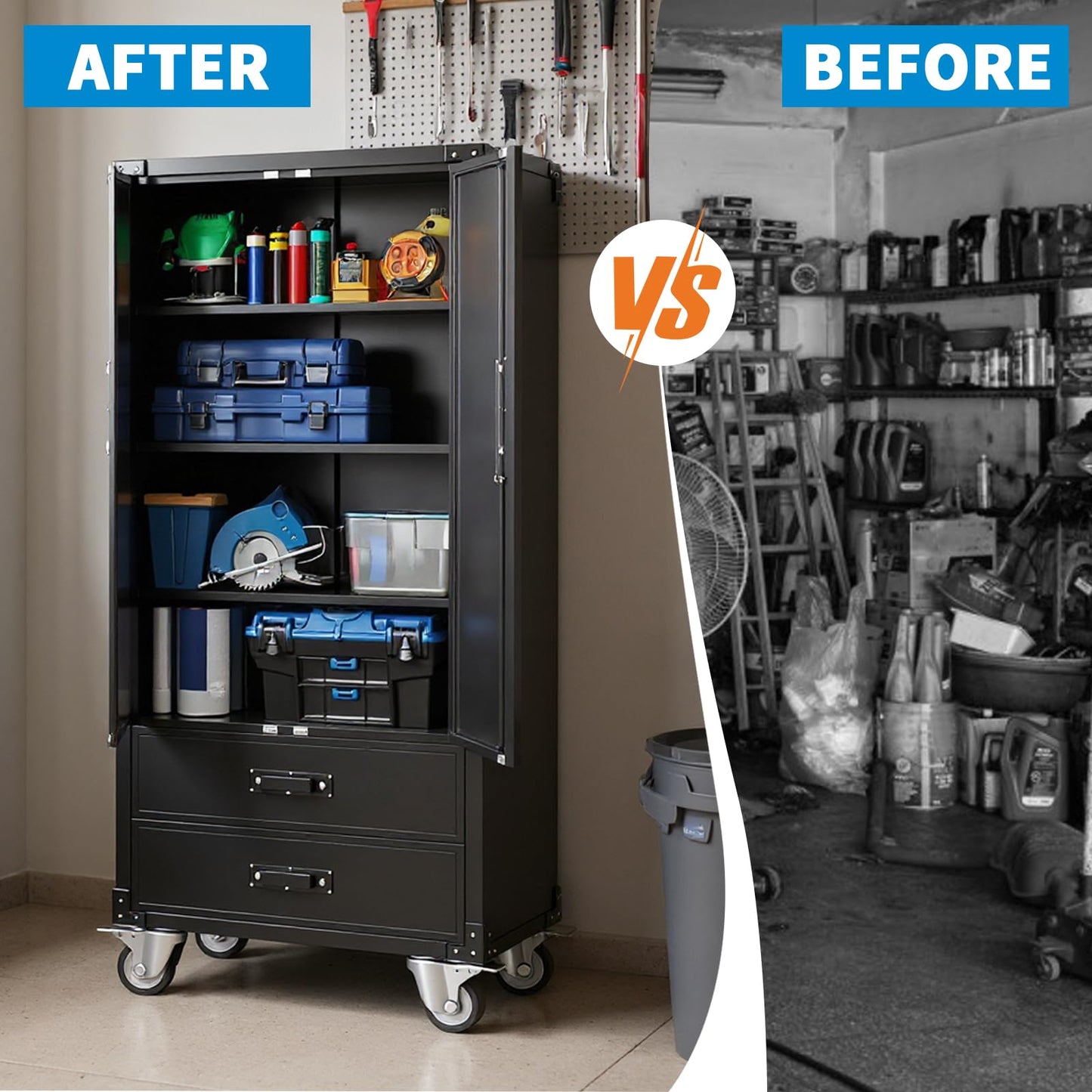 Towallmark Metal Storage Cabinet with Wheels, 72 Inch Tall Rolling Garage Storage Cabinet with 2 Drawers and 2 Doors, Lockable Steel Cabinet with 3 Adjustable Shelves for Home, Office, Shop, Black