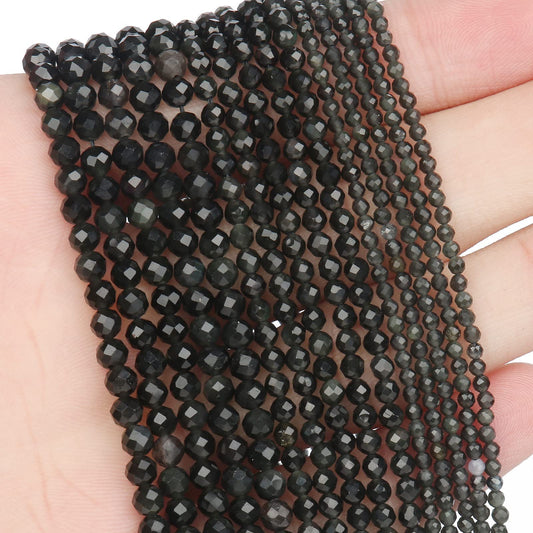 Song Xi 120pcs 3mm Natural Obsidian Gemstone Beads Faceted Round Loose Stone Beads for Jewelry Making