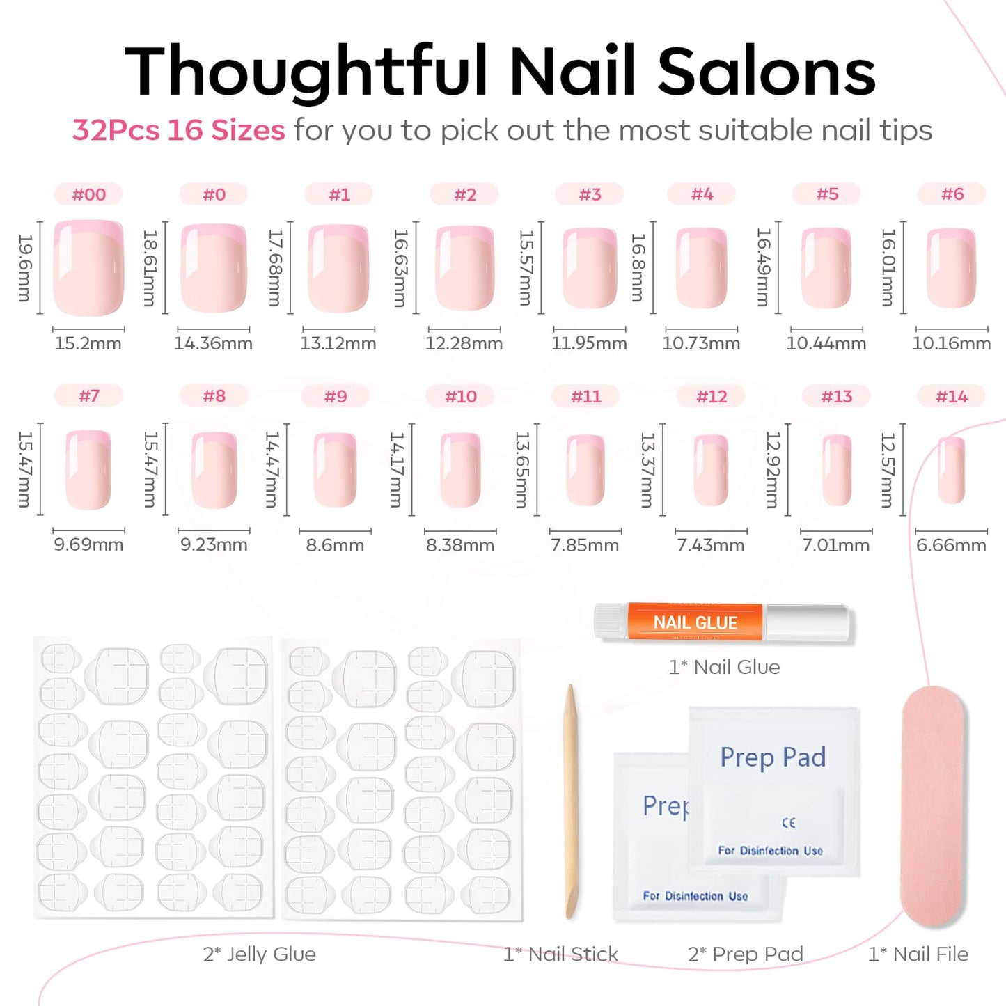 Modelones French Tip Press on Nails Short, Square Spring Fake Nails, Reusable Nail Kit with Nail Glue Adhesive Tabs Mini Nail File, Nails Press Ons 32Pcs 16Sizes, Women Girl Gift, Pink