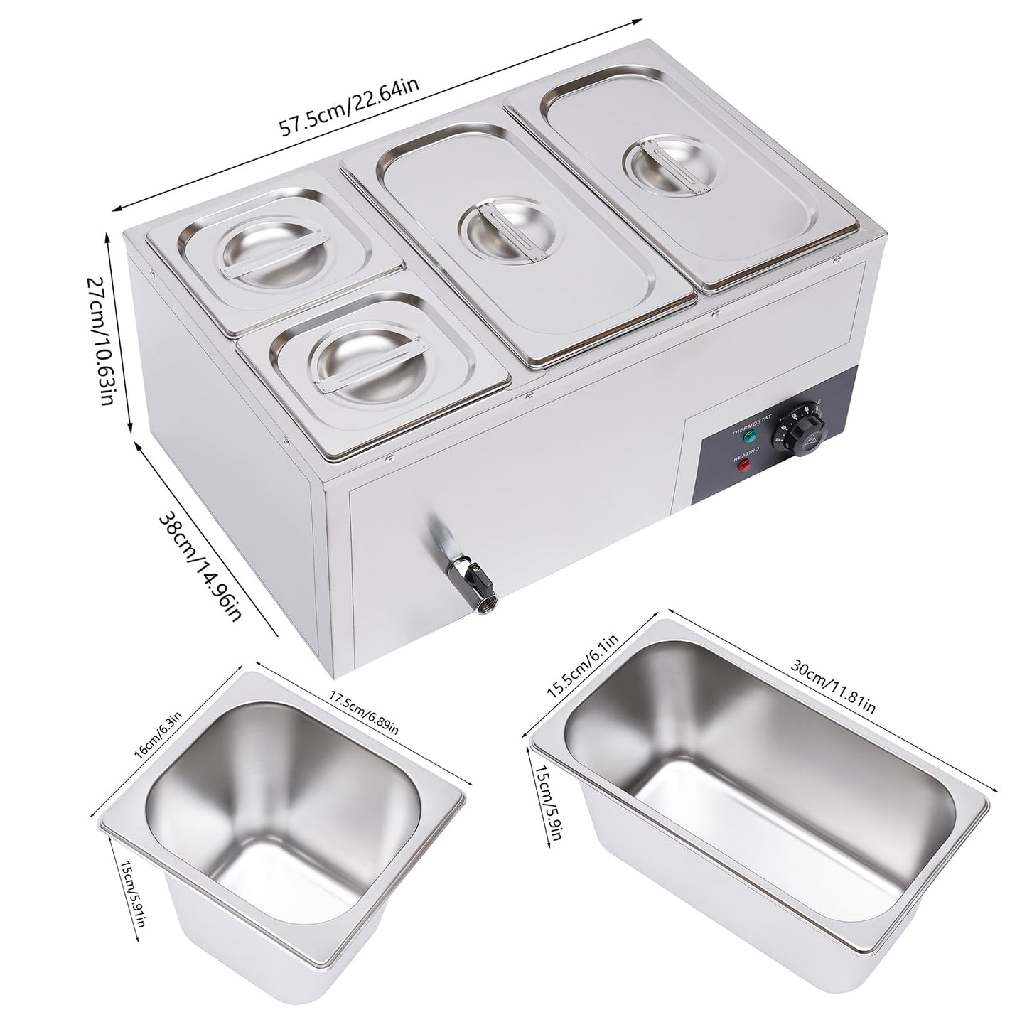 DYNAMI 110V 850W Commercial Buffet Food Warmer,Large Capacity 4 Pan(7.4QT*2+3.2QT*2) Stainless Steel Electric Countertop Steam Table with Intelligent Thermostat Design,for Parties Buffet Catering