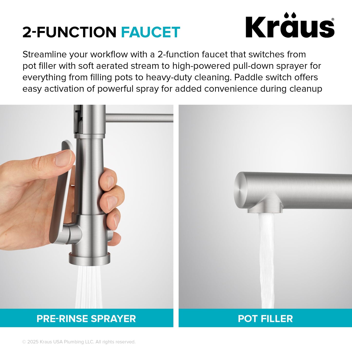 KRAUS Artec Pro Commercial Style 2-Function Single Handle Pull Down Kitchen Faucet with Pot Filler in Spot-Free Stainless Steel/Matte Black, KPF-1605SFSMB