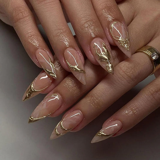 24 Pcs Almond Press on Nails Medium Fake Nails 3D Hot Stamping Design Reusable False Nails Kit Almond Shape Nails Artificial Acrylic Nails Press ons Full Cover Stick on Nails for Women