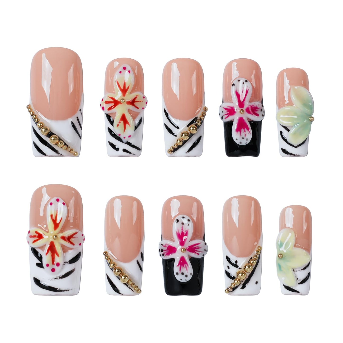 Tesytto Press on Nails Medium Square Handmade Tropical 3D Flower French Tip Fake Nails with Gold Beads, Glossy 3D Floral Nail Art for Summer Vacation (Golden Zebra Whimsy Floral,M)