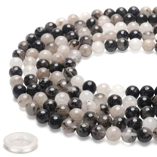 70PCS Natural 8MM Healing Gemstone, Black Rutilated Quartz Energy Stone Round Loose Beads, Semi-Precious Crystal Beads with Free Elastic String for Jewelry Making DIY