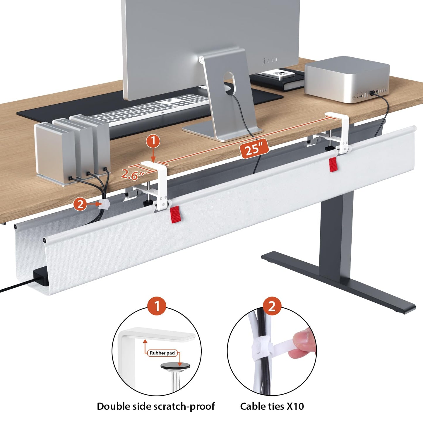 Univivi No Drill Under Desk Cable Management Tray, 48" Cord Organizer for Table, Clamp/Screw Mount Desk Cable Management, Premium Fabric Cable Management Tray for Office, Home (Extra Large)