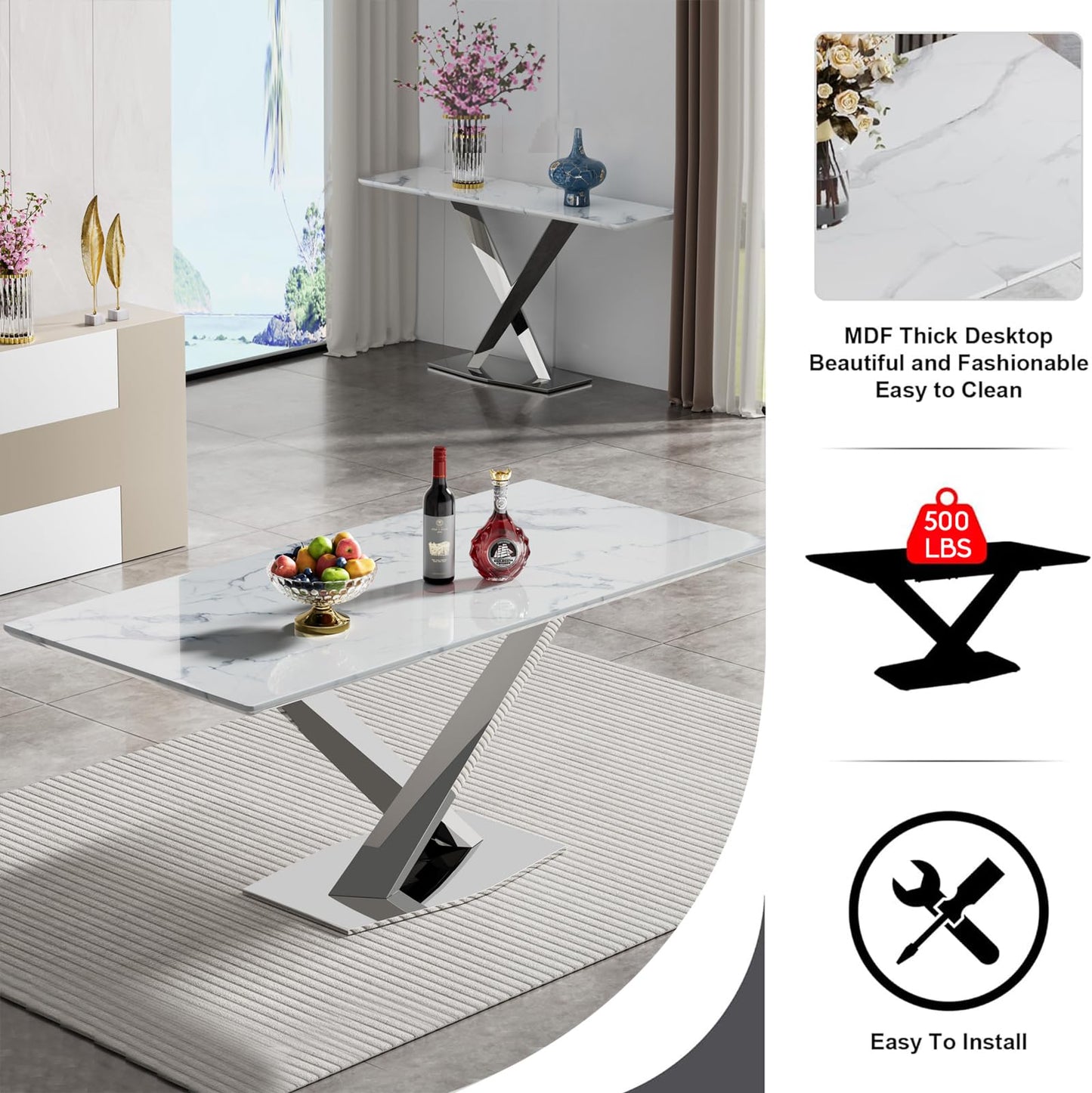 Pvillez 7 Piece Faux Marble Dining Table Set for 6, 70" White Silver Kitchen Table Set with X-Shape Stainless Steel Base, Modern Dining Room Table Set with 6 Beige Velvet Chairs for Kitchen Dining