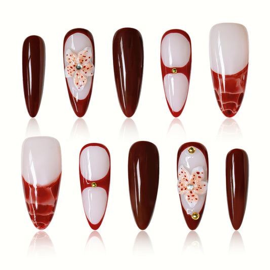 Vanpaga Handmade Long Stiletto Press on Nails Burgundy Glossy with 3D Floral Accents, Elegant Gel Fake Nails Reusable Stick on Nails for Women (Size L)
