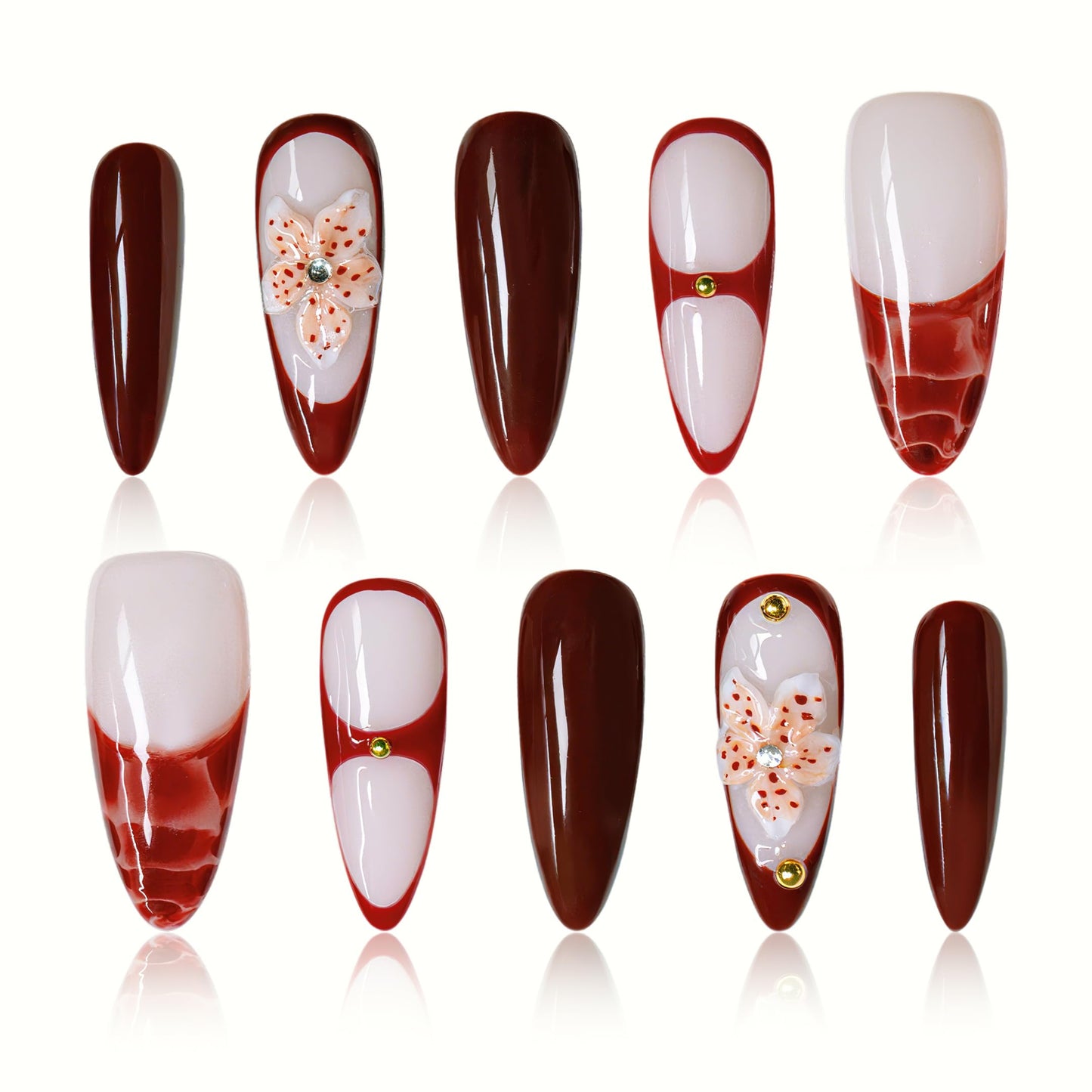 Vanpaga Handmade Stiletto Press on Nails Long Burgundy Glossy Gel Nails with 3D Flower Rhinestone Design, Reusable Stick on Fake Nails for Women (Size M)