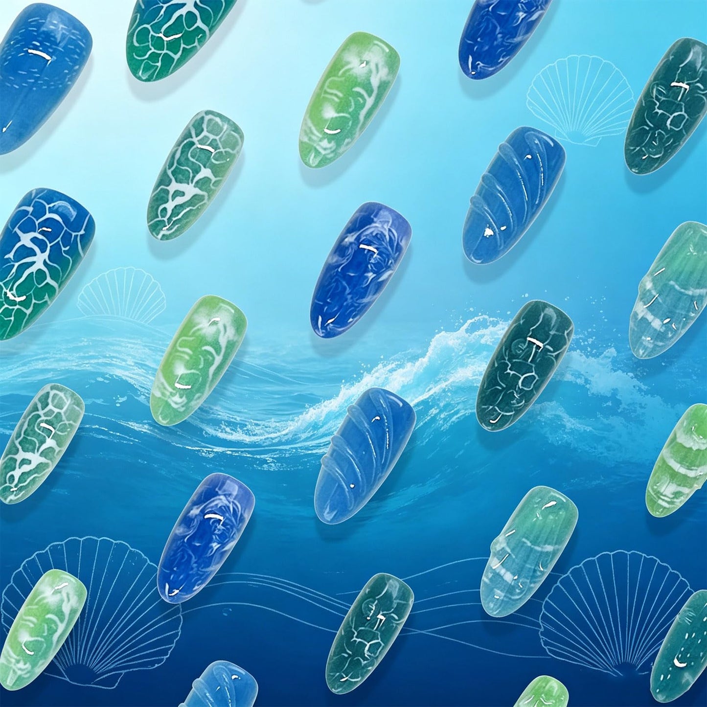 Ocean Press on Nails Medium Almond, 3D Sea Themed False Nails, Glossy Blue Green Ombre Fake Nail Sea Wave Glue on Nail, Seashell Stick on Reusable Acrylic Fingernails for Women Summer Daily Wear
