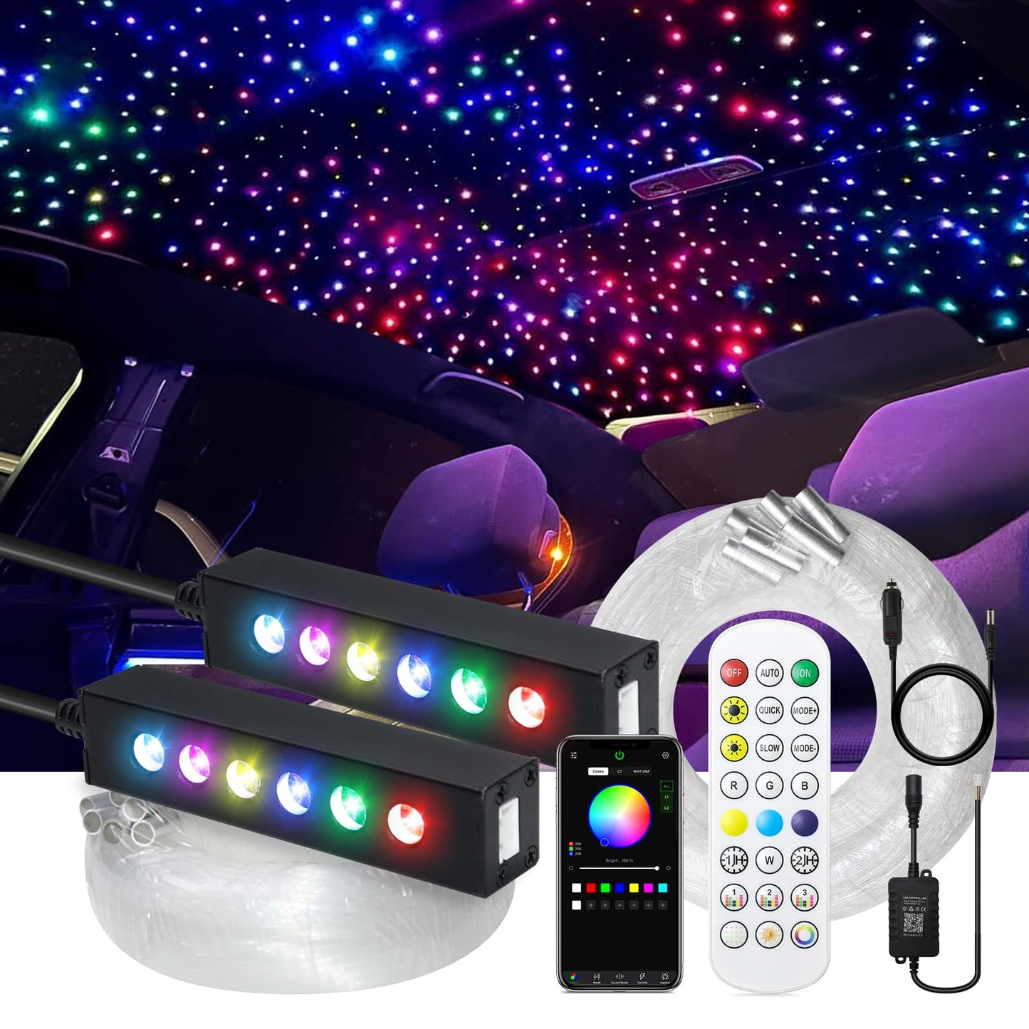 WEBUPAR 2PCS 3.2W 6LEDs Meteor Starlight Headliner Kit, 480pcs 0.01in 6.56ft, RGBW Shooting Stars Fiber Optic Lights with Bluetooth APP Control for Car/Home Theater