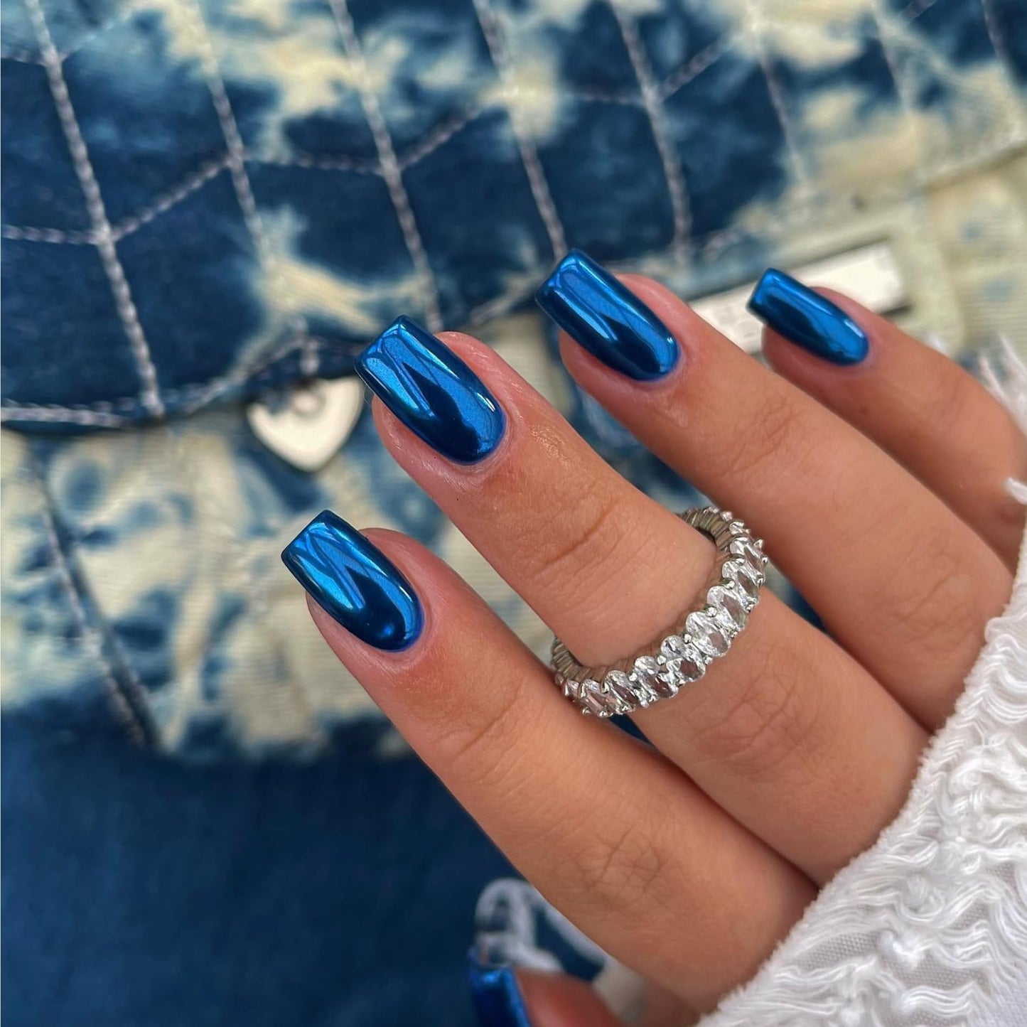 KQueenest Royal Blue Chrome Press on Nails Short Medium Square&Royal Blue Glitter Press on Nails Medium Almond For Beach Party Daily Decoration in 48 PCS