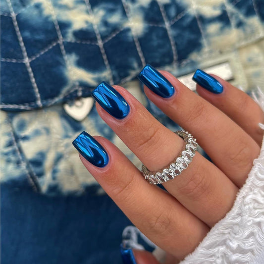 KQueenest Royal Blue Chrome Press on Nails Short Medium Square Metallic Fake Nails Glitter Glue on Nails Short Medium Mirror False Acrylic Nails Press Ons Natural Stick on Nails for Women 24 Pcs