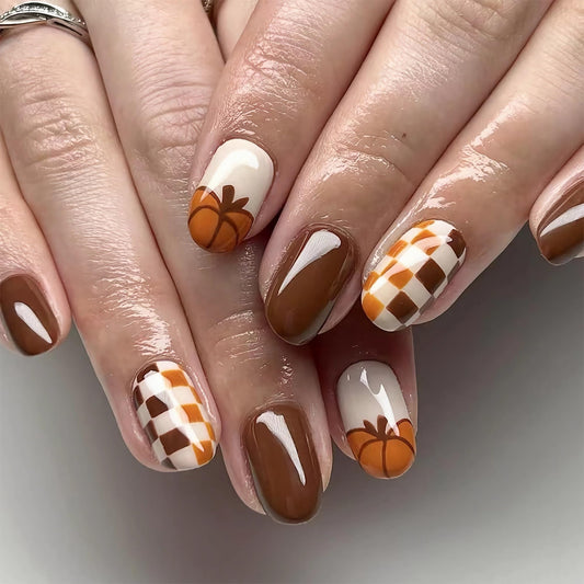 BABALAL Brown Fall Press on False Nails Medium Oval Fake Nails Pumpkin Design Thanksgiving Day Autumn 24Pcs Gloosy Round Full Cover Stick on Acrylic Gel Nails