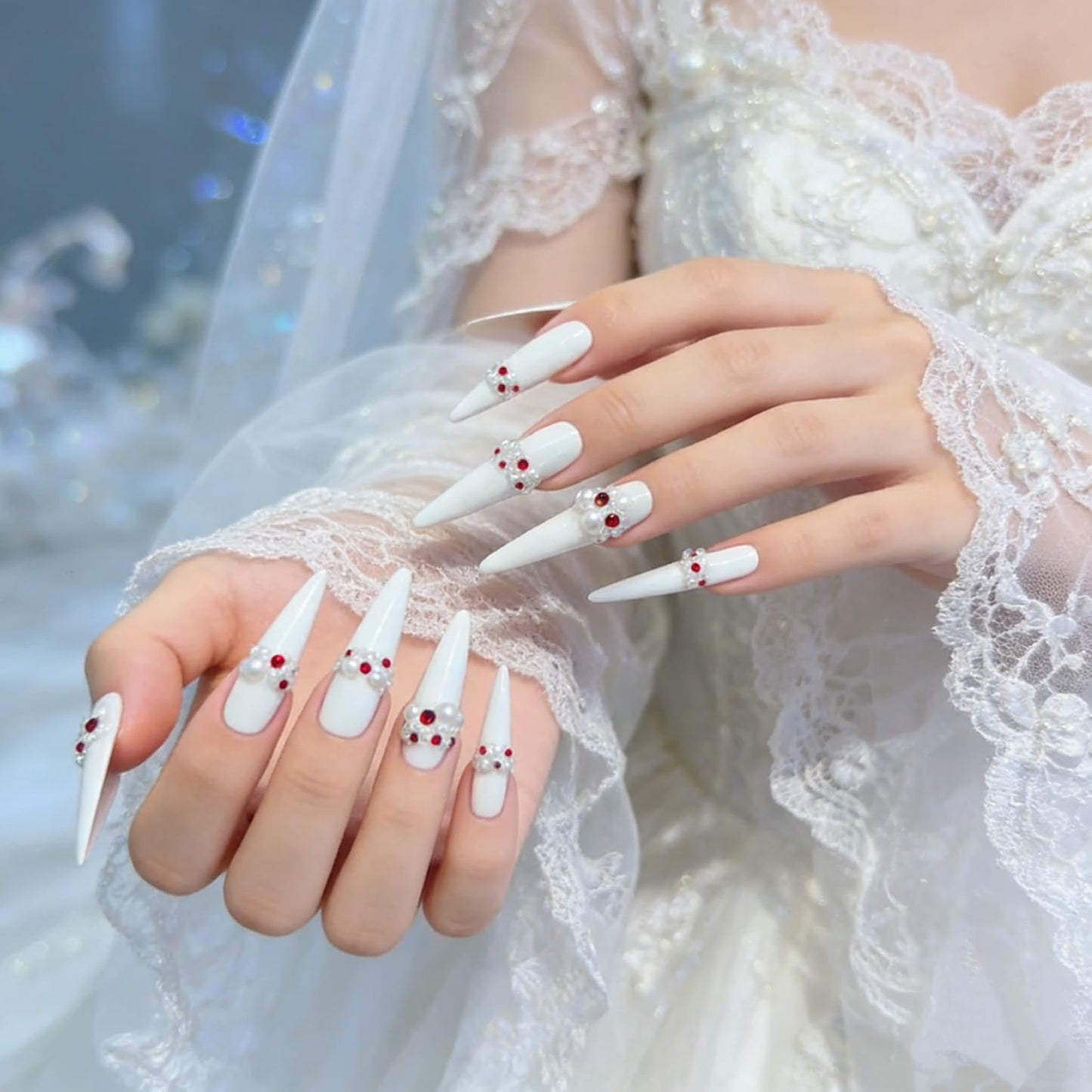C.Z.Z.T.T.NAILS 24pcs Luxury Long Almond Press On Nails, White Fake Nails with Pearl&Red crystal Accents, Reusable Bridal Nail Art for Weddings, Parties & Special Occasions