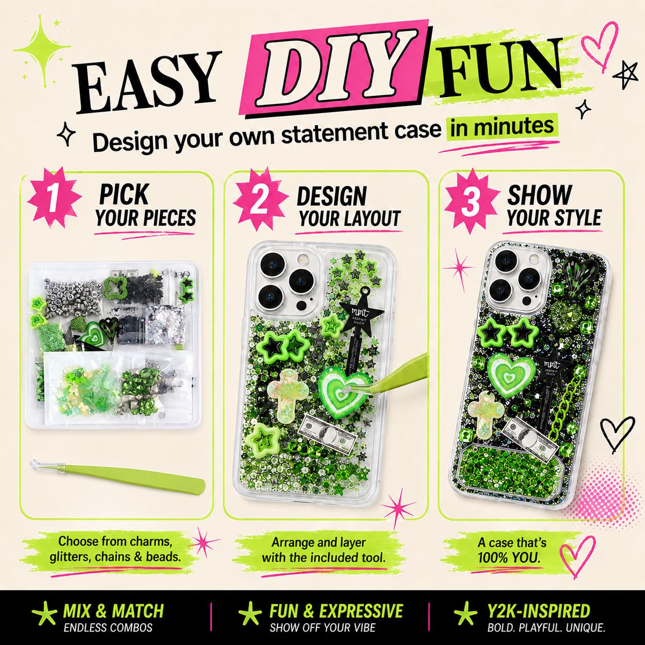 Prdingfy Green DIY Decoration Charms Kit, 3D Resin Flatback Charms with Stars, Starbursts, Flowers, Rhinestones, Moons & Bears for Phone Case Crafts & Nail Art Accessories