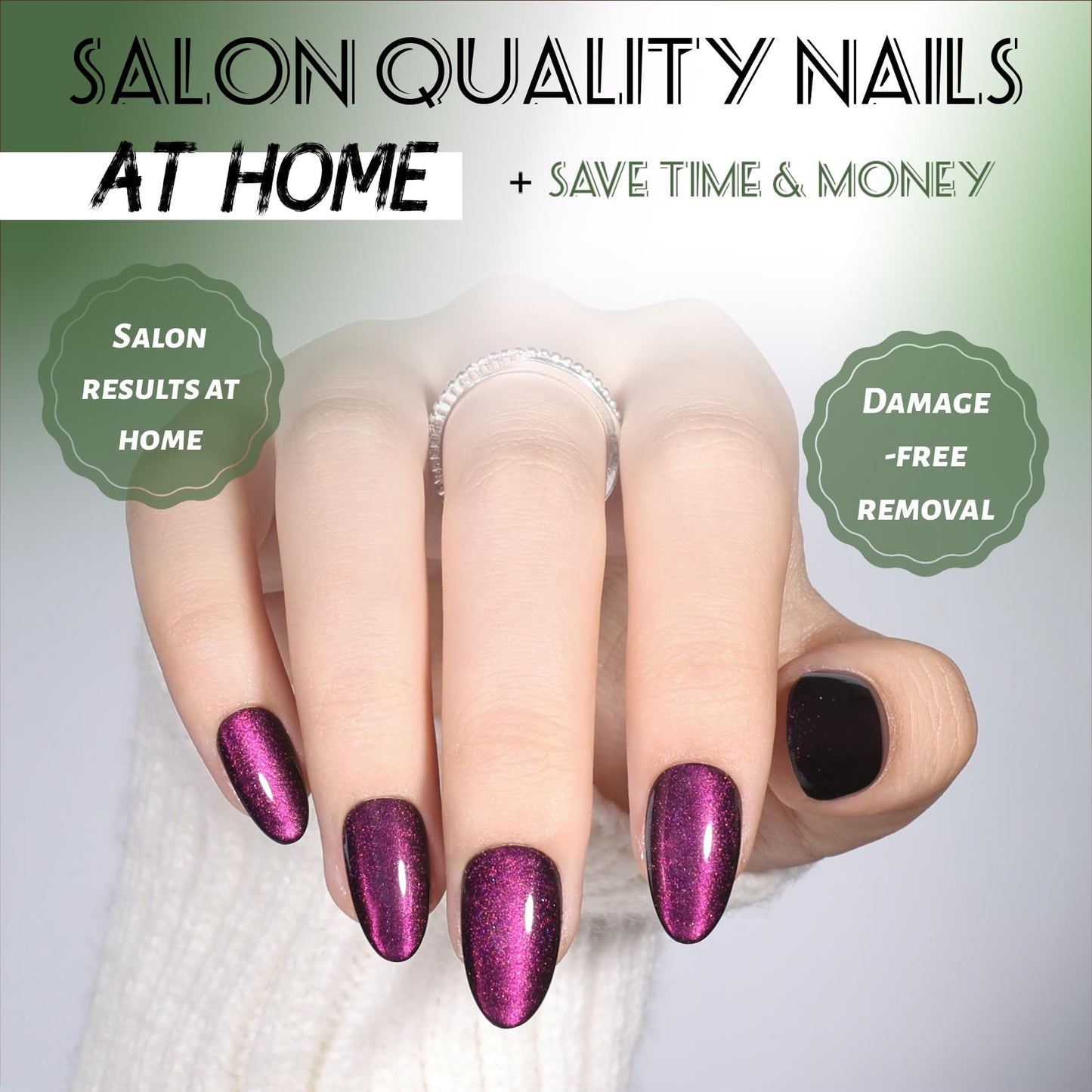 Purple Cat Eye Press On Nails Almond - Short Almond Fake Nails with Nail Glue, Purple Cateye Press On Nails Reusable Stick On Nails in 16 Sizes 32 Nail Kit for Women & Girls | Salon Quality