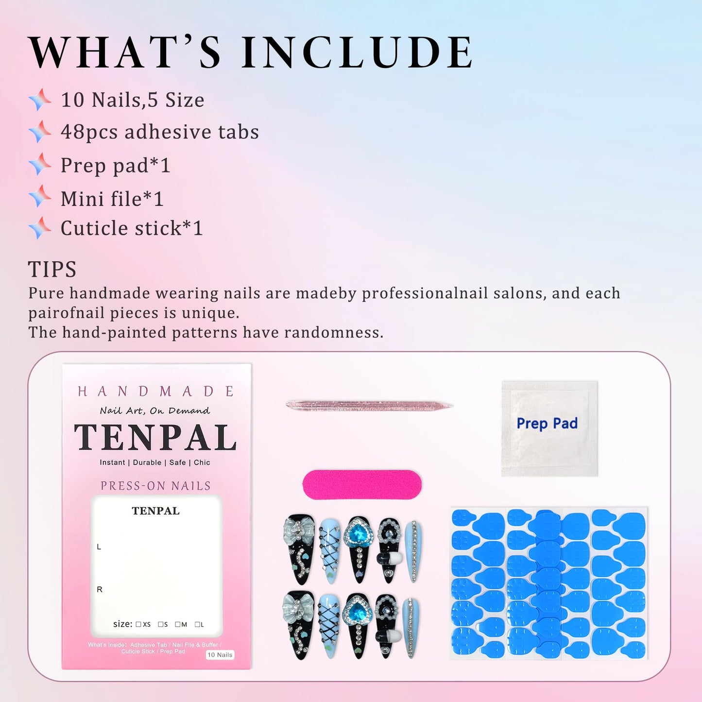 TENPAL 10Pcs Y2K Gothic Press On Nails With Tools,Blue 3D Capsule Pearl Bow & Chain Charms Designs Fake Nails,Long Stiletto Handmade False Nails,Reusable Acrylic Glue on Nails for Party Halloween(S)
