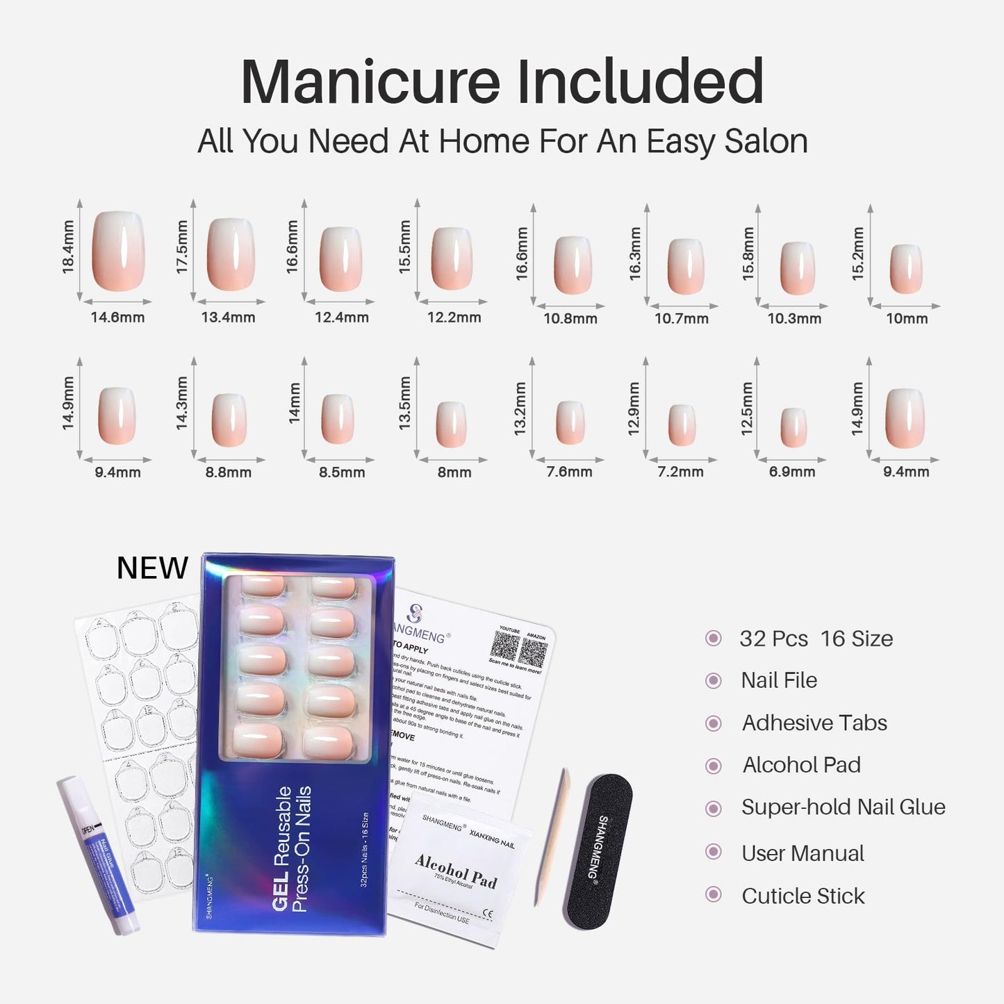 Ombre Press on Nails Short - SHANGMENG Soft Gel Valentines Square Press on Nails for Women Gift, Fit Perfectly & Natural Glue on Nails in 16 Sizes - 32 Reusable Fake Nails with Glue, Vanilla Cream