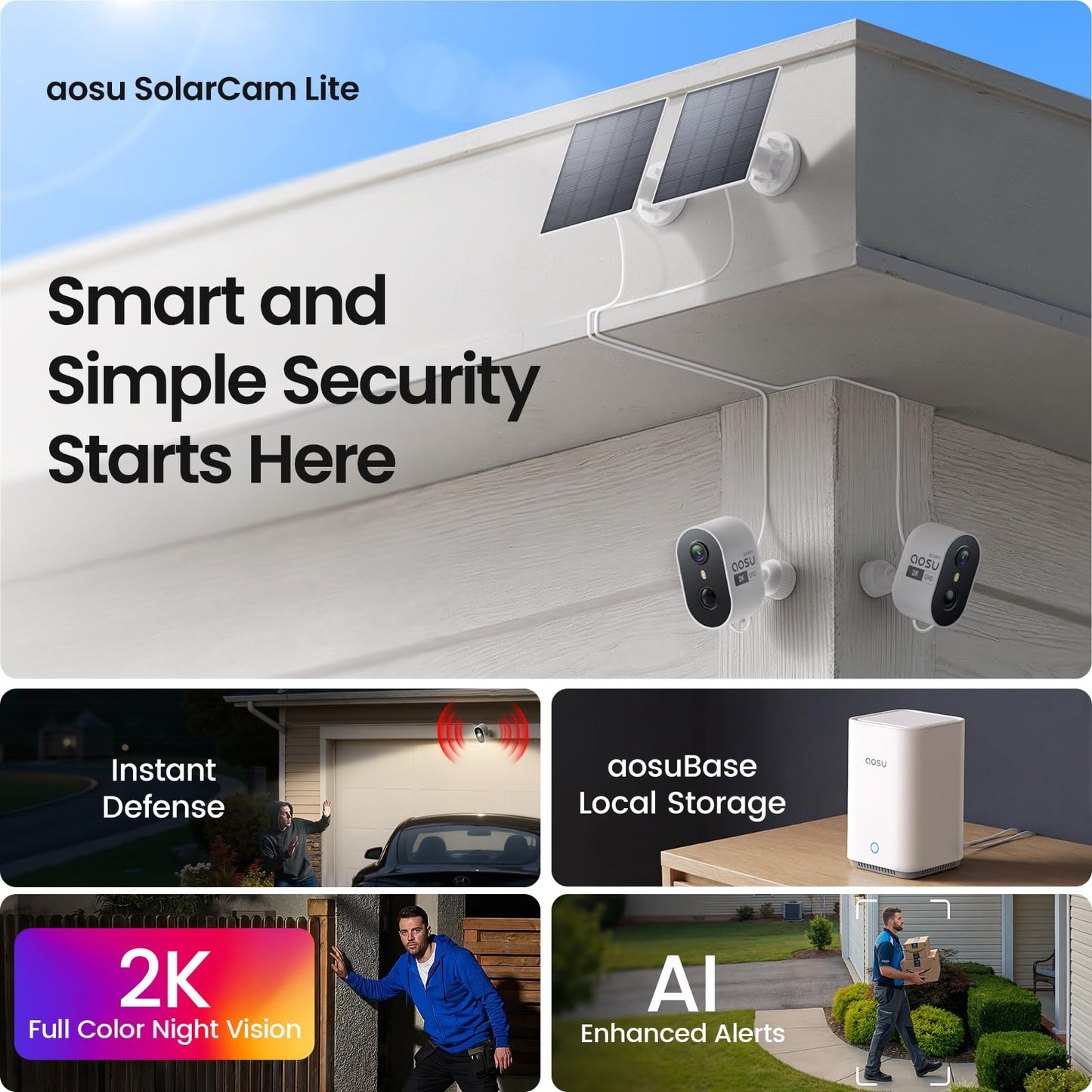 aosu Solar Security Cameras Wireless Outdoor Home System, True 2K HD, Cross-Camera Tracking, PIR + AI Human Detection, Color Night Vision, Local Storage, No Subscription Required, 4-Cam-Kit