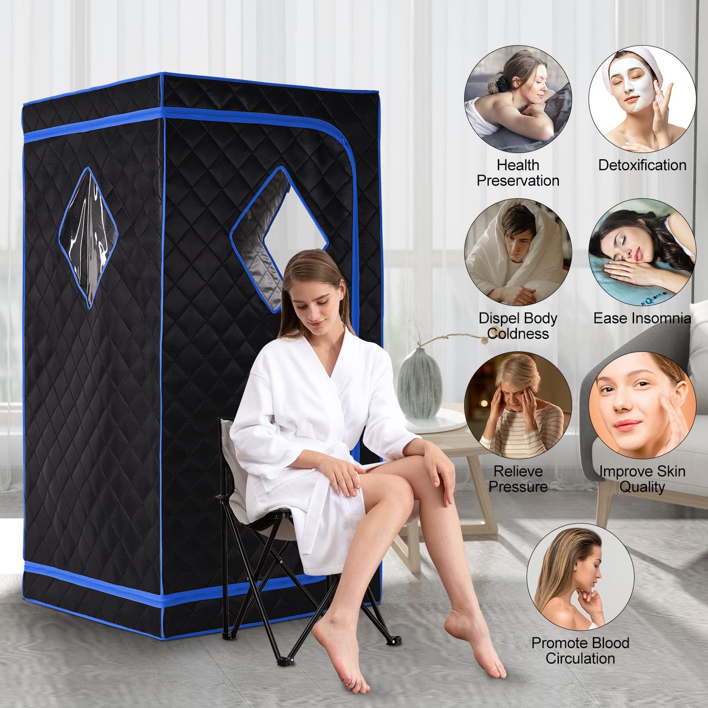 ZONEMEL Personal Portable Steam Sauna, Full Size Sauna Tent, 1500 Watt 4 Liter Steamer with Remote Control, Timer, Portable Sauna Chair for Home Saunas (L 33.8" x W 33.8" x H 65.7", Blue Border)