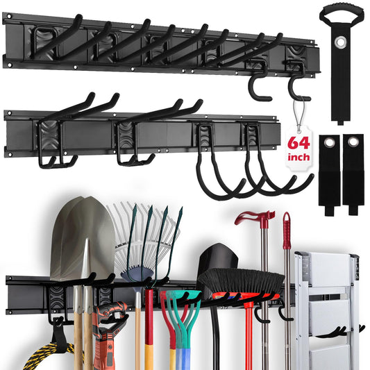 SEDY 64" Heavy Duty Garage Storage Tool Organizer Wall Mount - Tool Rack with Adjustable Hooks, Anti-Rust, 300lbs Capacity - Easy Installation (4 Racks, 10 Hooks, 3 Straps)