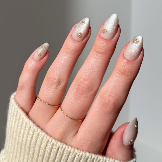Glamnetic Press On Nails - Sanded | Short Almond Nude Fake Nails with Raised Gold Shell Accents, Salon Quality Summer Nails | 15 Sizes - 30 Nail Kit with Glue