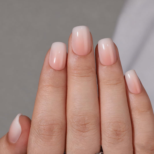 Short Square Press on Nails Luxurious Thickened False Nail with White Pink Gradient Designs Muti-Layer Gel Fake Nails Full Cover Stick on Nail Glossy Acrylic Nails for Women DIY Art 32 Pcs