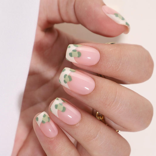 WAFOLOZE White French Tip Press On Nails Short Fake Nails Set - 32pc Reusable Soft Gel False Nails Tips Kit, Artificial Nails with Glue, Green Flowers Pattern