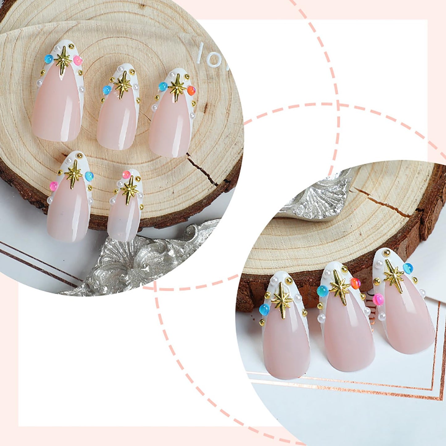 Rhinestones French Tip Press on Nails Medium Almond Shaped Colorful Diamond Design Full Cover Nude Almond Tip Press Ons False Nail Acrylic Artificial Fingernails Reusable Stick on Nails for Women