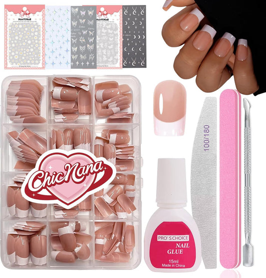 French False Nails Kit, Press on Nails with Glue 240Pcs Square Fake Nails French Tip Dark Nude Color Glossy Full Cover Glue on Nails Art Manicure for Girls Women (Short Square- Dark Nude)