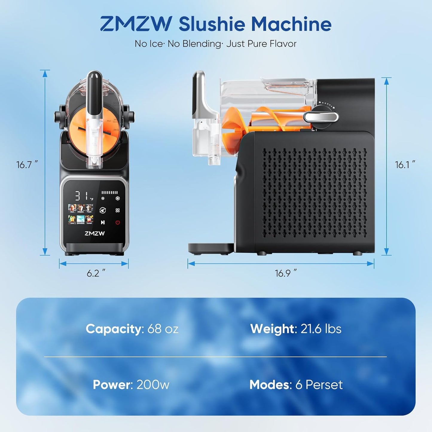 Slushie Machine, 88 oz. Frozen Drink Maker, No Ice Needed Slushy Machine for Home with 6 Presets, Adjustable Slush Thickness, LED Display, Perfect for Frozen Margaritas, Cocktails, Slushies, Frappés
